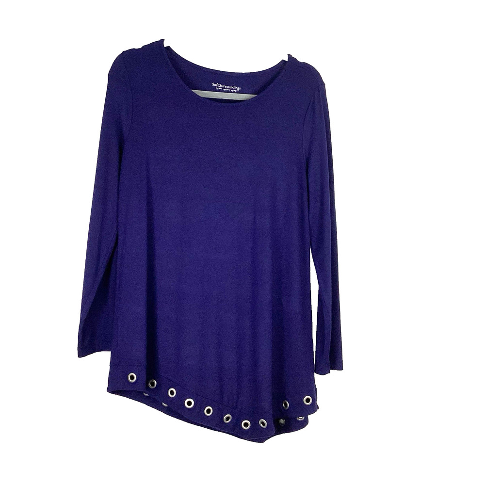 Soft Surroundings Womens Tunic Top Medium Asymmetrical Grommets Hem Navy Blue